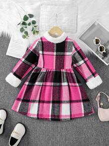 SHEIN 女小童格紋印花拼接毛茸邊洋裝 - 彩色 - 查看 1