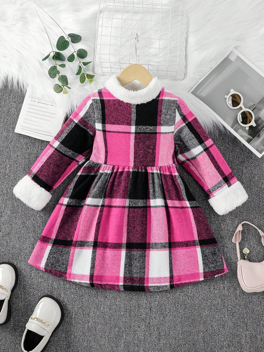 SHEIN 女小童格紋印花拼接毛茸邊洋裝 - 彩色 - 查看 1
