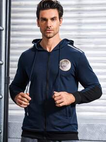 Gym Rark Men Letter Graphic Zip Up Drawstring Hooded Sports Jacket Workout Tops - Dusty Blue - View 6