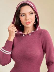 Modelyn Sọc trang trí Tay áo lồng đèn áo có mũ Đầm Áo len - Màu đỏ tím - Xem 4