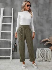 SHEIN LUNE 女性休閒純色彈性腰短褲,帶雙口袋 - 軍綠色 - 查看 6