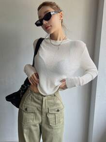 Dazy Star Solid Mock Neck Ribbed Knit Crop Sweater Fall - White - View 5