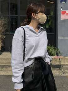 DAZY Của phụ nữ Thả vai Collared Áo nỉ - Xám - Xem 4