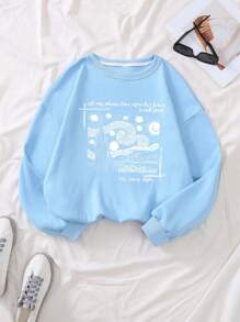 SHEIN EZwear 大碼標語圖案加絨內裏運動衫 - 藍色 - 查看 1