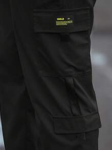 Manfinity Homme Loose Fit Men's Letter Patchwork Cargo Pants With Flap Pockets, For Fall - Black - View 6