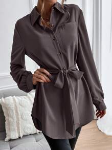 SHEIN LUNE Solid Button Front Belted Shirt Dress Fall Cloth For Women - Chocolate Brown - View 3