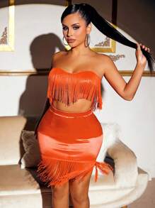 SHEIN SXY Fringe Trim Satin Tube Top & Bodycon Skirt - Orange - View 4