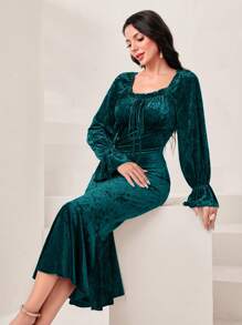 Modelyn Của phụ nữ Nhung Tay áo ren Đuôi cá Hem Đầm - Màu xanh lá cây đậm - Xem 5