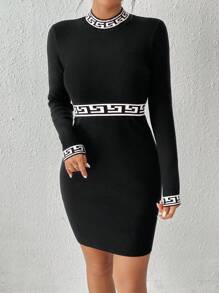 SHEIN Essnce Palace Jacquard Knit Pullover Dress - Black - View 4