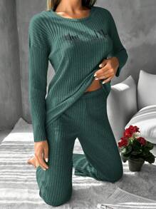 SHEIN Cottnline Women's Ribbed Stripes Pajama Set With Text Print - Army Green - View 3