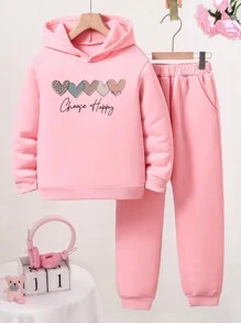 Tween Girl Heart And Letter Print Hooded Fleece Sweatshirt And Pants Set - Pink - View 1
