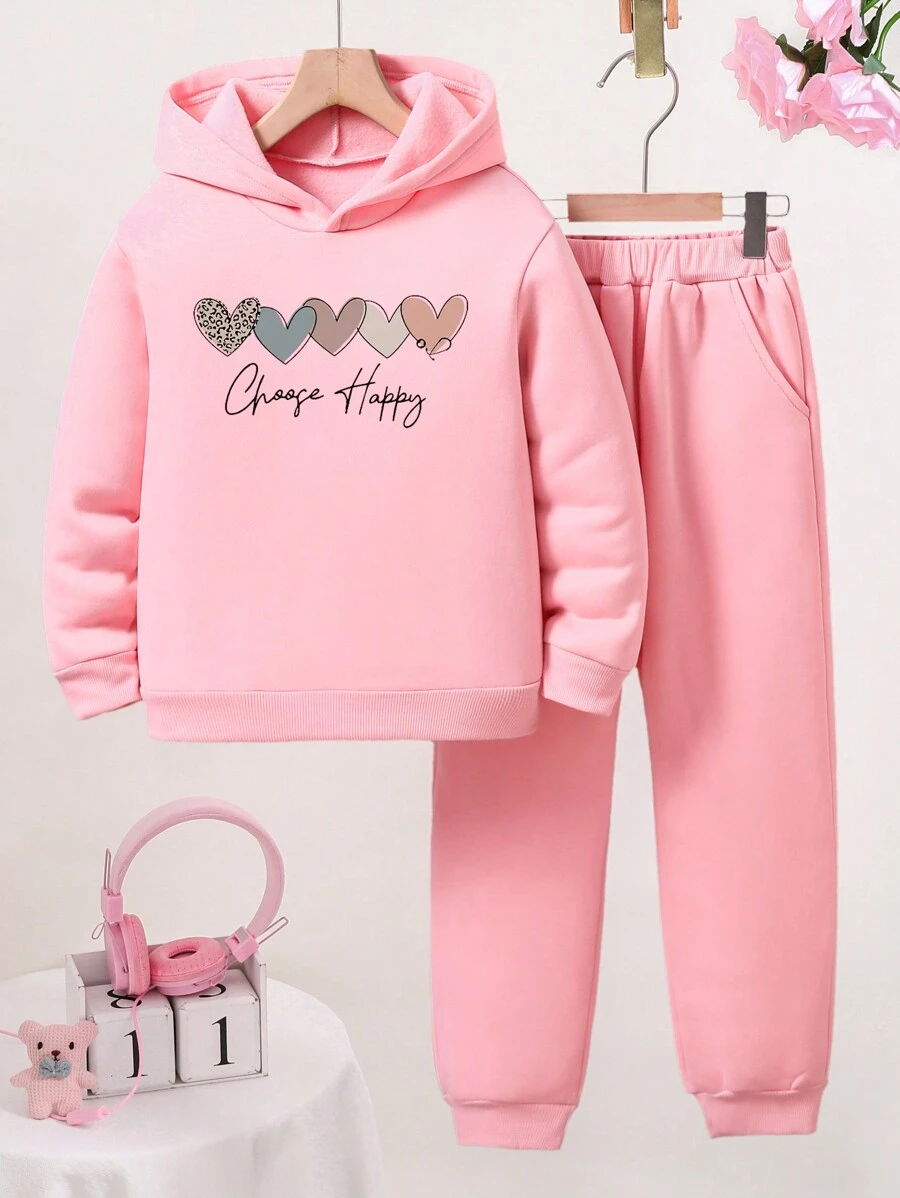 Tween Girl Heart And Letter Print Hooded Fleece Sweatshirt And Pants Set - Pink - View 1