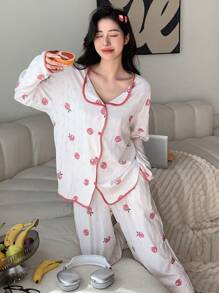 DAZY 女式水果印花上衣和长裤睡衣套装秋冬 - 白色 - 查看 2