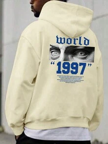 Men Slogan & Figure Graphic Kangaroo Pocket Drawstring Hoodie - Khaki - View 3