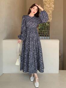 Dazy Star Ditsy Floral Print Flare Sleeve Dress,Ruffle,Fall Clothes - Royal Blue - View 1