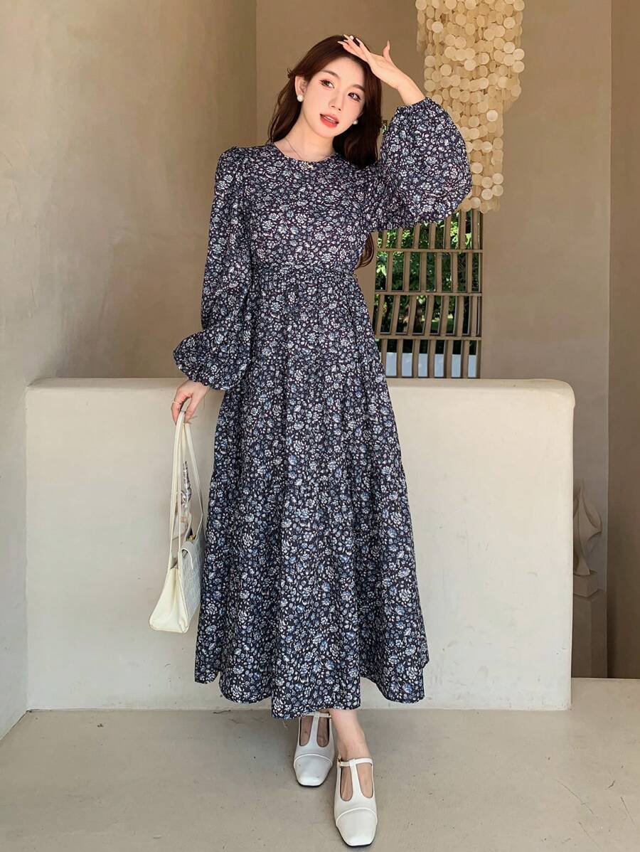 Dazy Star Ditsy Floral Print Flare Sleeve Dress,Ruffle,Fall Clothes - Royal Blue - View 1