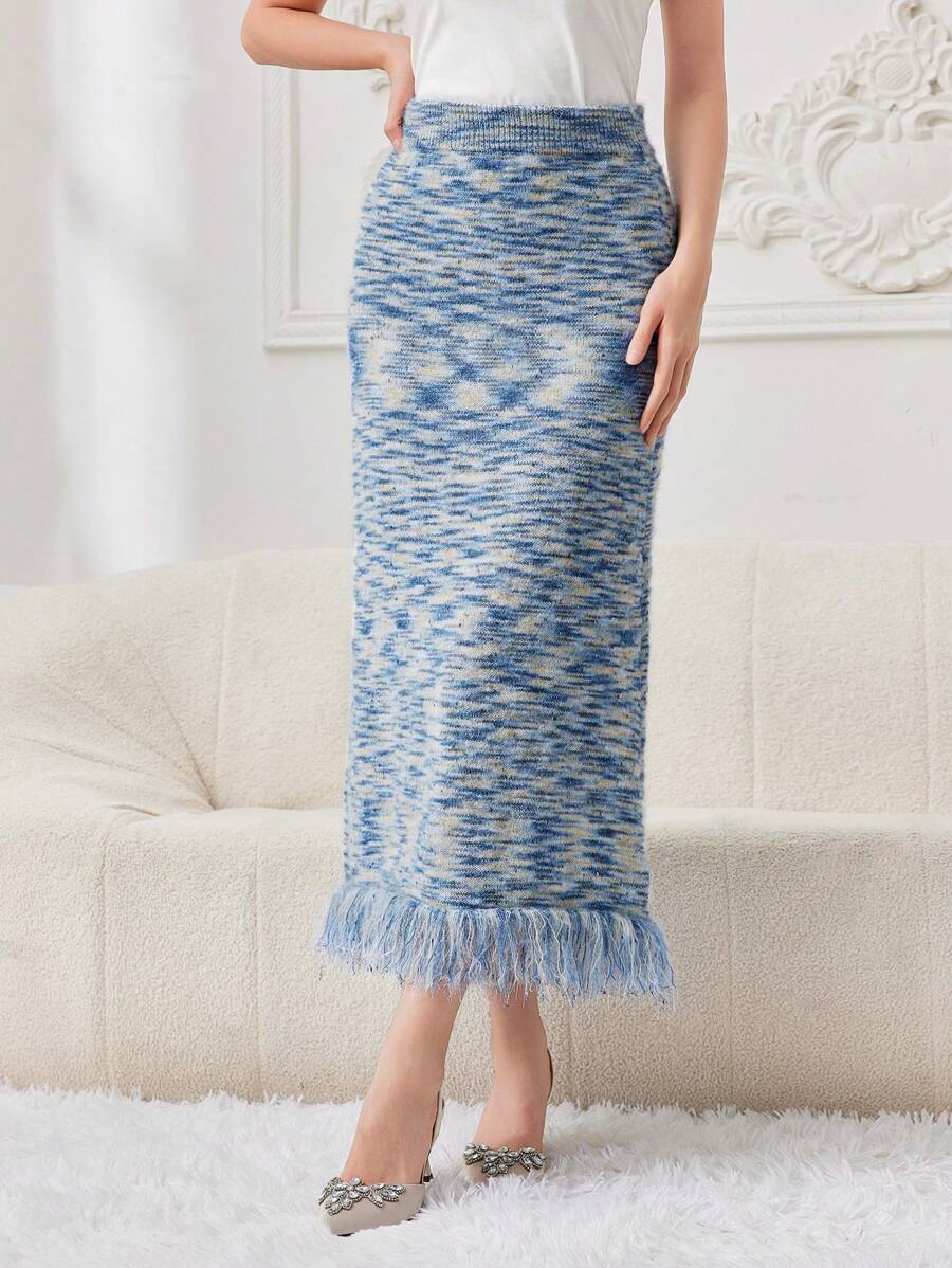 Modelyn Women's Space Dye Fringe Sweater Skirt - Blue - View 1