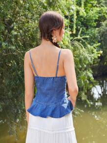 Soleia Lace Up Front Ruffle Hem Denim Cami Top - Blue - View 2