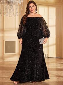 大码女式优雅露肩 3D 贴花网眼灯笼袖亮片晚礼服派对礼服婚礼宾客礼服正式礼服