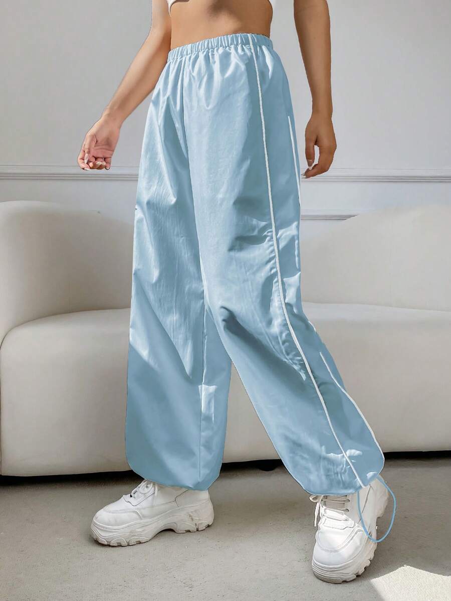SHEIN EZwear 拼接滾邊彈性腰帶長褲 - 淺藍色 - 查看 1