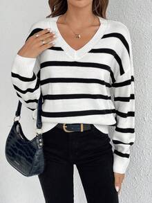 SHEIN Frenchy 條紋圖案落肩袖套頭毛衣 - 彩色 - 查看 5