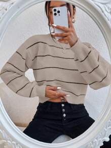 Chiquease Striped Pattern Drop Shoulder Sweater,Long Sleeve Tops Knit Pullover Fall Winter Outfit