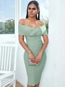 ADYCE Surplice Neck High Waist Zip Back Bodycon Midi Wedding Cocktail Party Bandage Dress - Mint Green - View 5