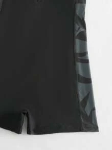 SHEIN Swim Summer Beach Conservative Color-Block Leaf Print One-Piece Swimsuit
