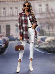 SHEIN LUNE Plaid Print Drop Shoulder Coat - Red - View 4