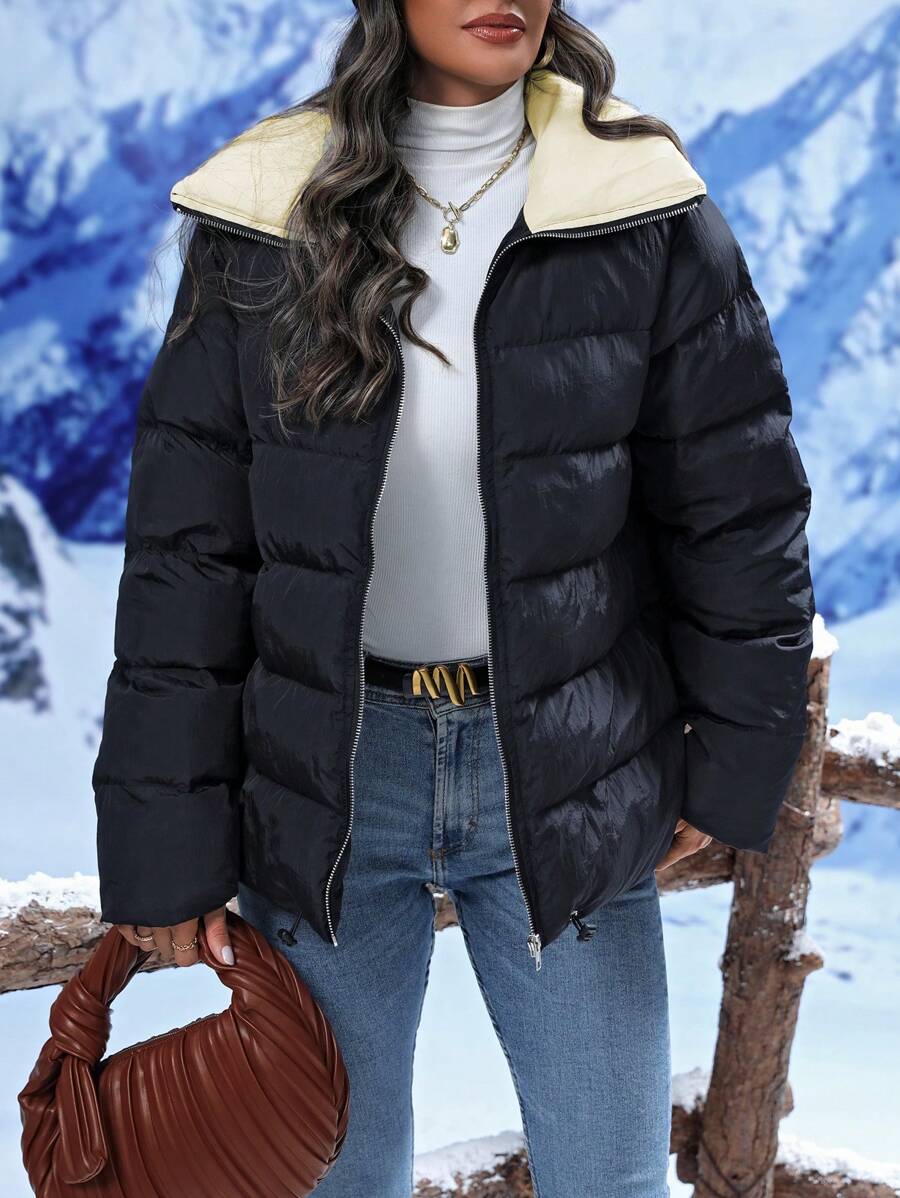 SHEIN LUNE Women's Color Block Lapel Padded Padded Coat Clothes Winter - Black - View 1
