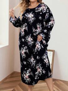 Plus Size Women's Comfortable Floral Printed Pajama Dress, Can Be Worn Outside, Long Dress