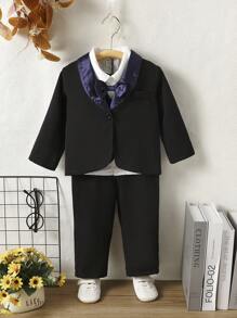 3pcs/Set Toddler Boys' Gentleman 2 In 1 Shirt And Coat And Pants Outfits - Multicolor - View 1