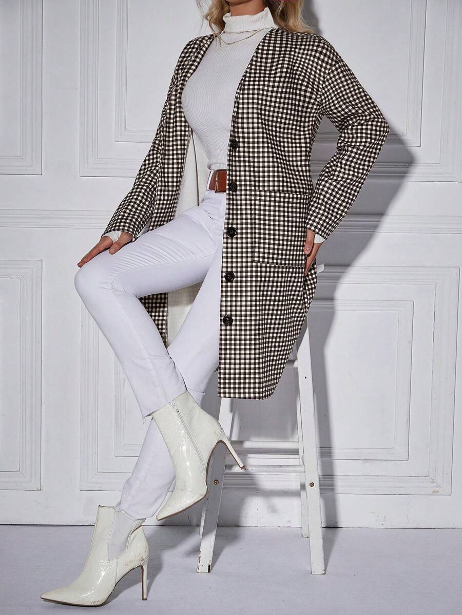 SHEIN Clasi Plaid Print Dual Pocket Drop Shoulder Coat Fall Cloth For Women - Multicolor - View 1