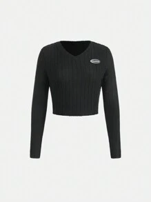 Thiếu niên cô gái Chi tiết Patched thư Áo phông Crop - màu đen - Xem 1