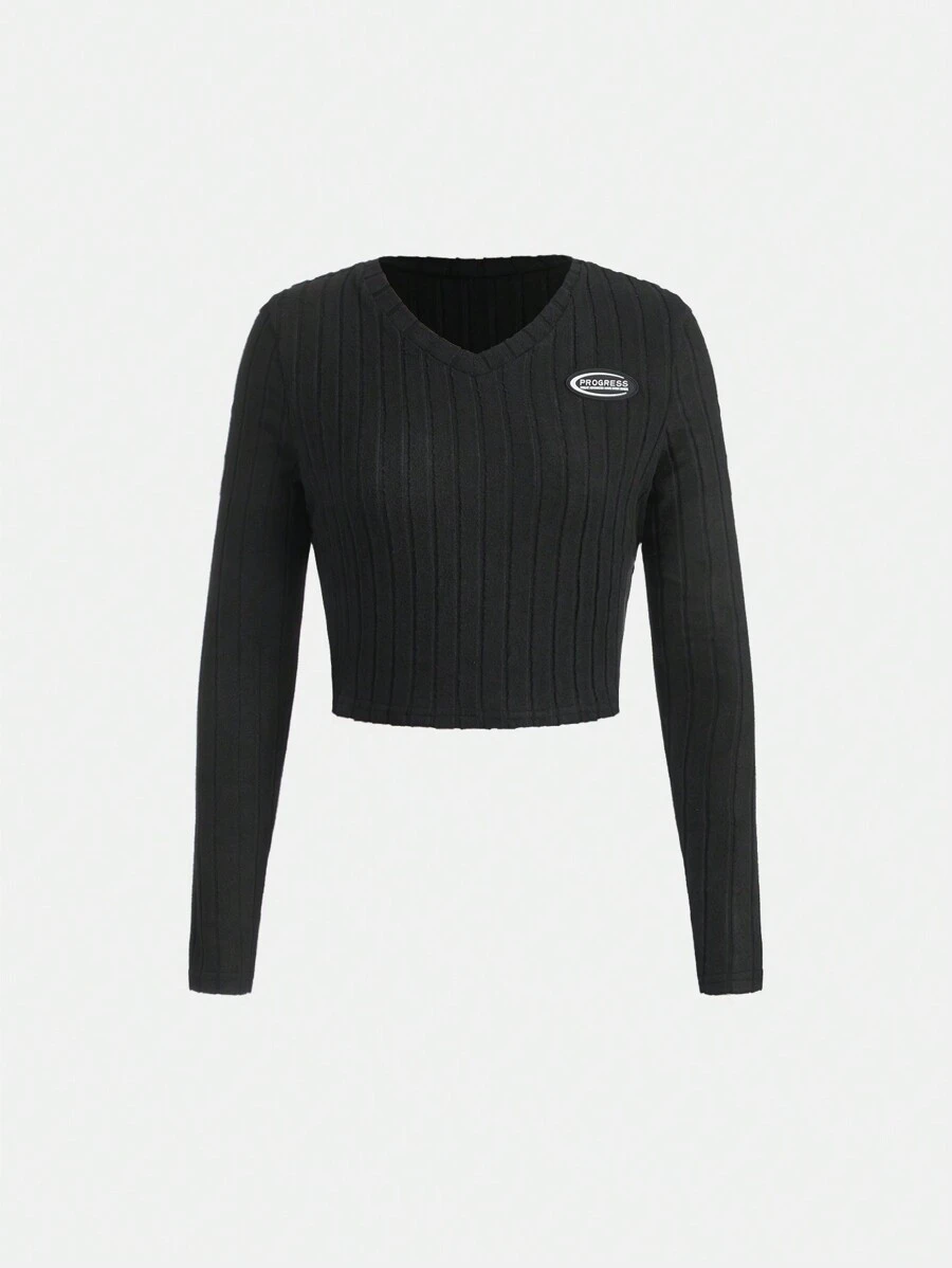 Thiếu niên cô gái Chi tiết Patched thư Áo phông Crop - màu đen - Xem 1