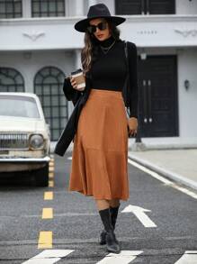 SHEIN Clasi 素色荷葉邊A字半身裙 - 棕色 - 查看 3