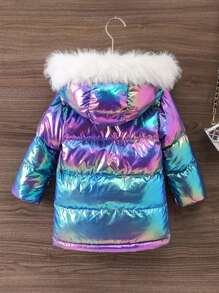 SHEIN Baby Girl Holographic Fuzzy Trim Hooded Padded Coat Without Sweater