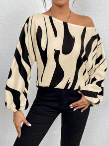 SHEIN Privé 圖案印花燈籠袖襯衫 - 杏色 - 查看 2