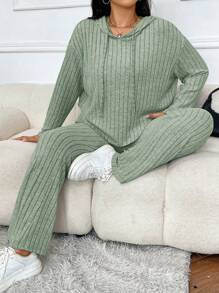 SHEIN EZwear Hơn Thả vai Dây rút Áo Hoodie & Quần - Màu xanh Bạc hà - Xem 1