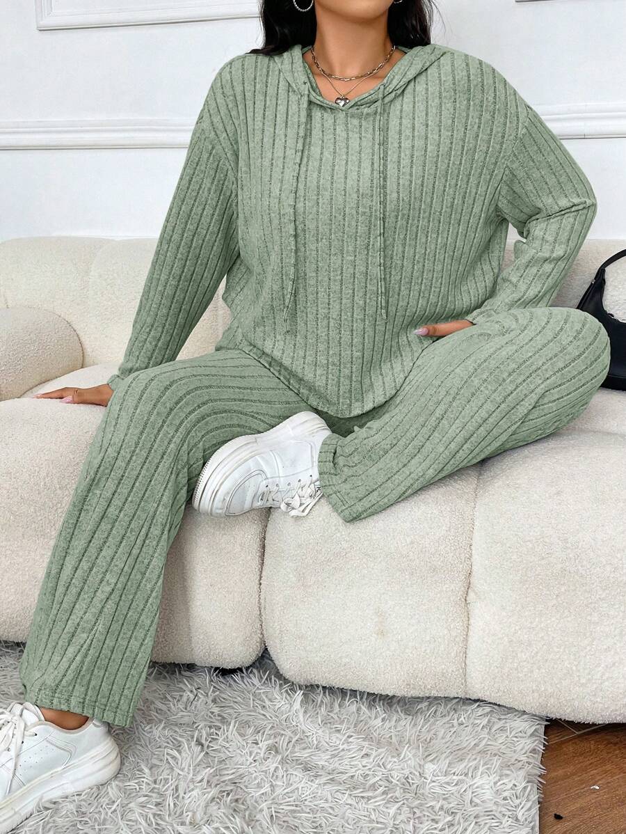 SHEIN EZwear Hơn Thả vai Dây rút Áo Hoodie & Quần - Màu xanh Bạc hà - Xem 1