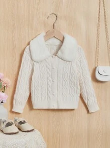 Nhỏ bé Cô gái Vòng cổ Tay áo dài Áo len Mở Áo len Với Cổ áo tây , Mùa Đông - Màu be - Xem 1