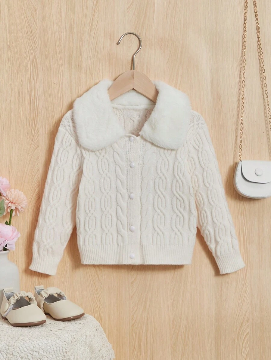Nhỏ bé Cô gái Vòng cổ Tay áo dài Áo len Mở Áo len Với Cổ áo tây , Mùa Đông - Màu be - Xem 1