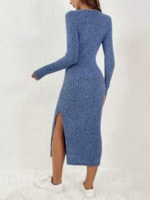 SHEIN Frenchy Ribbed Knit Split Thigh Bodycon Dress Winter Casual Blue Spring - Royal Blue - View 2