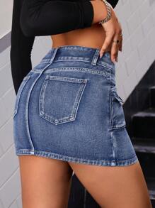 SHEIN ICON Flap Pocket Denim Skirt - Dark Wash - View 2