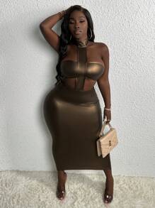 Slaydiva Vestido ajustado de cintura con abertura de cuello halter de espalda abierta de color metálico - Café - Ver 1