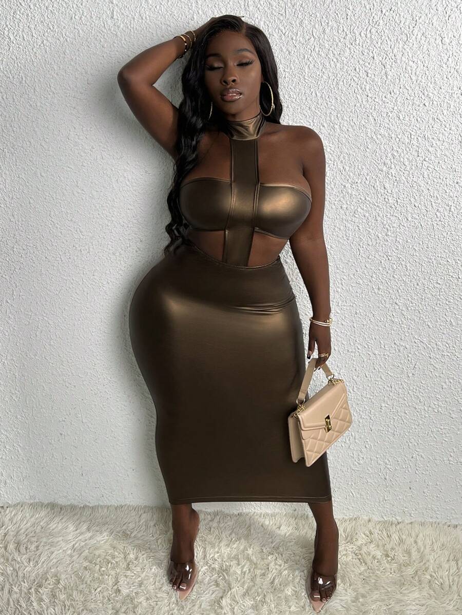 Slaydiva Vestido ajustado de cintura con abertura de cuello halter de espalda abierta de color metálico - Café - Ver 1