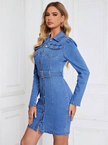 SHEIN Privé Women's Denim Dress With Flap Pockets And Belt