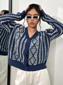 SHEIN Unity كارديجان نمط هندسي أزرار أمامية - الأزرق - مشاهدة 6