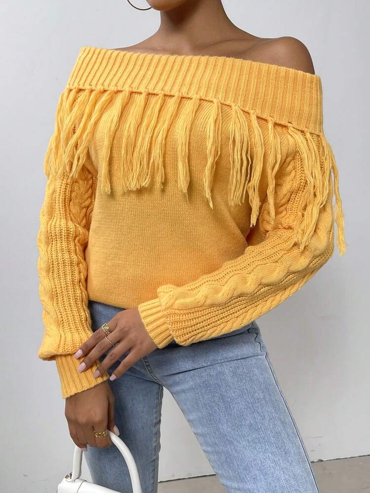 Foldover Off Shoulder Fringe Trim Knit Pullover Fall Winter Sweater
