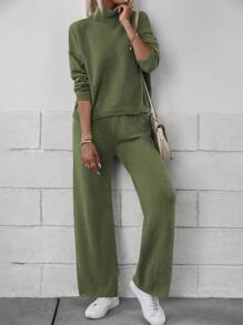 SHEIN Essnce Turtleneck Drop Shoulder Sweater & Knit Pants - Green - View 1